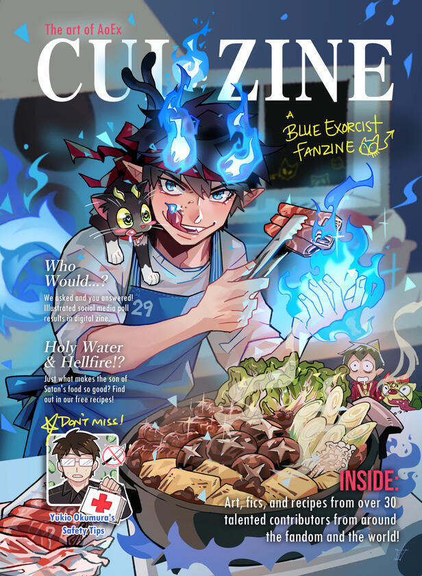 Rin Okumura surrounded with blue flame horns cooks a large pot of sukiyaki on a magazine cover