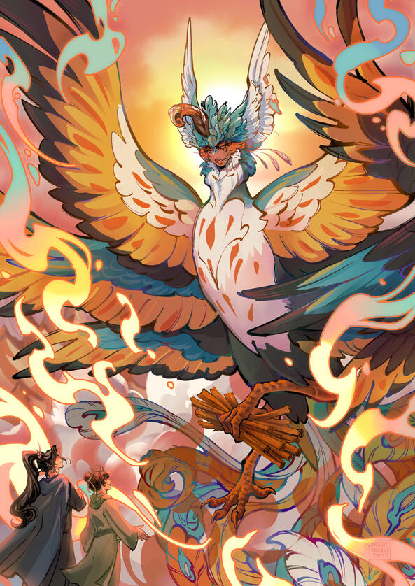 big colorful bird with a human face